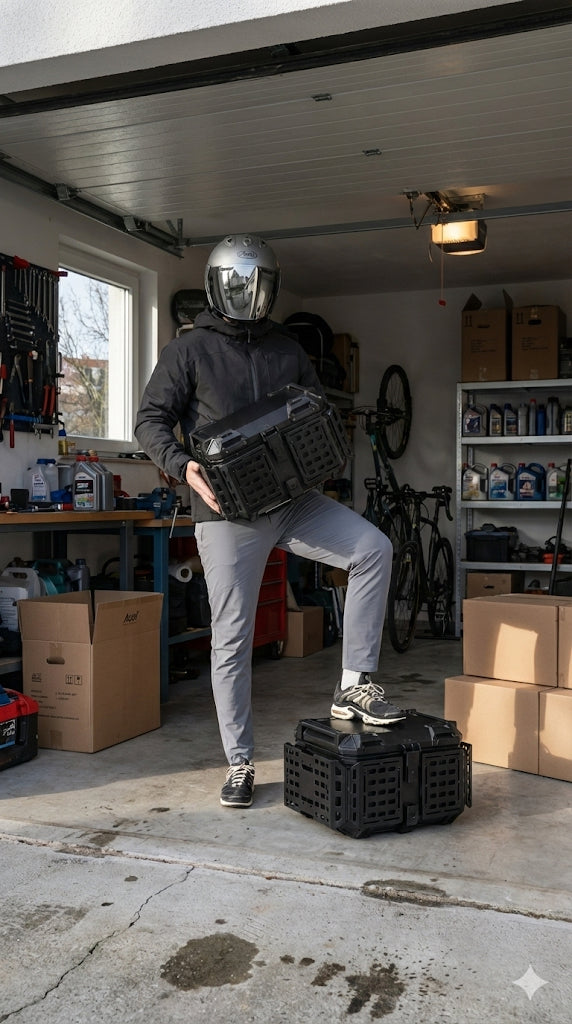 homme casqué avec un top case adventure noga dans les maisn et le pied sur un top case noga adventure dans un garage ouvert