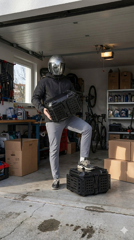 homme casqué avec un top case adventure noga dans les maisn et le pied sur un top case noga adventure dans un garage ouvert