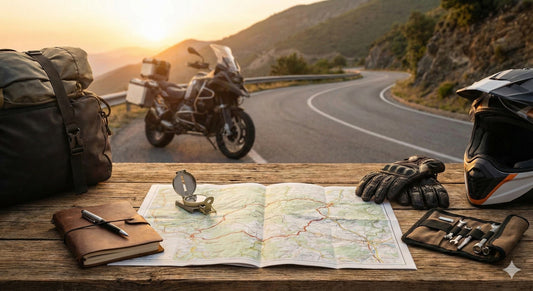 moto sur le bord d'une route avec divers accessoires au premier plan et accessoires NOGA