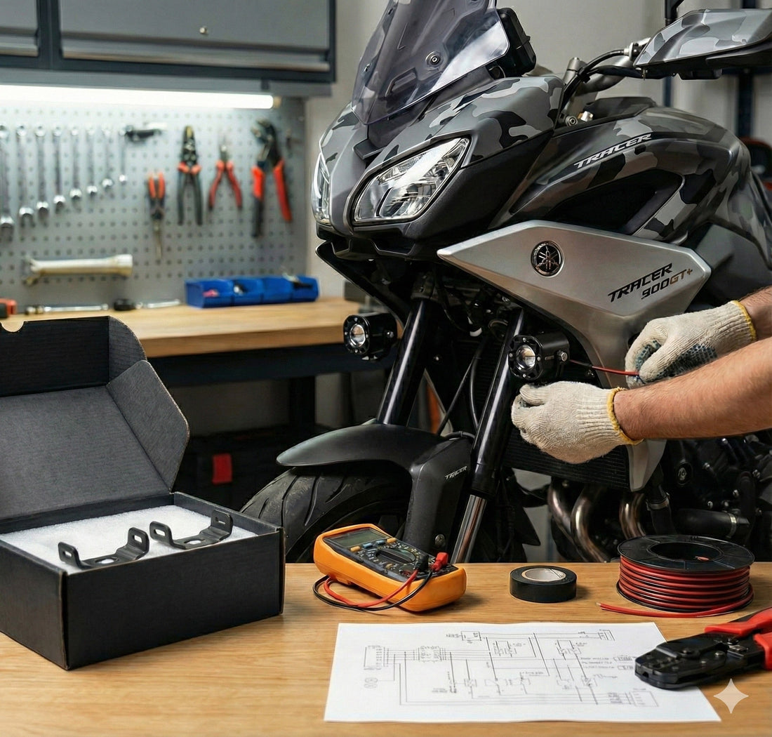 centre partenaire noga entrain d'installer des feux additionnels noga evo sur un tracer 900gt