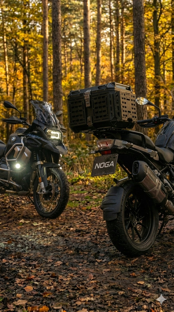 photo de deux moto dans la foret avec accessoires NOGA top cases et feux additionnels