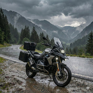 photo d'une BMW r1250gs avec accessoires NOGA top case aluminium adventure et feux additionnels EVO sur une route de montagne sous la pluie