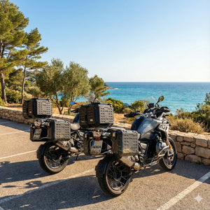 photo de deux Bmw r1250gs stationnées sur une place de parking de la côte méditerranéenne face a la mer avec top case aluminium NOGA adventure 